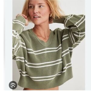 Aerie Small Beyond Sweater Cropped Scoop Neck Striped Balloon Sleeve Olive Green